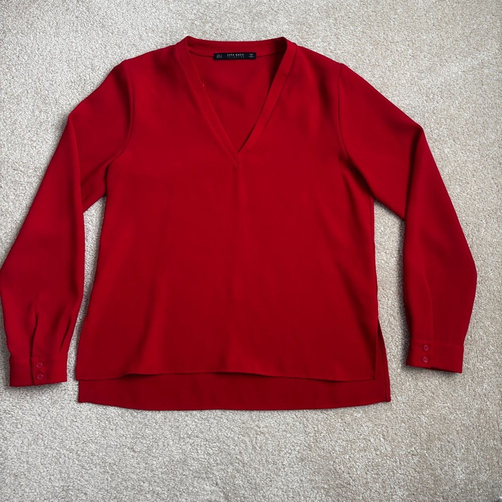 Zara Basics Red V-Neck Long Sleeve Blouse